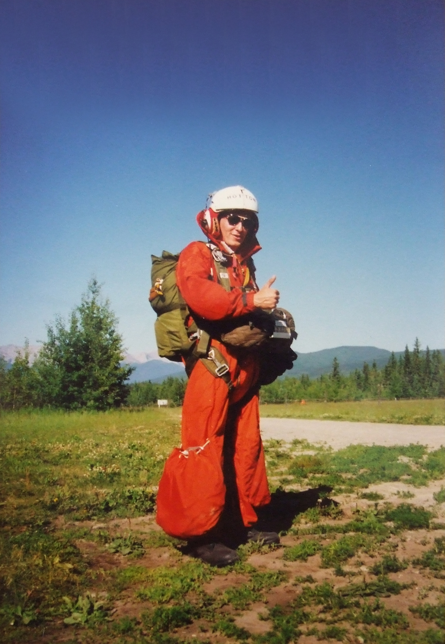 Ready for the final jump in July 1990 for his last search and rescue technician training exam, now-Sergeant André Hotton looks at his puffy-legged jumpsuit and grimaces: catching that material on a parachute cord on his first exercise jump, once posted to Edmonton, broke his leg mid-air. PHOTO: Submitted