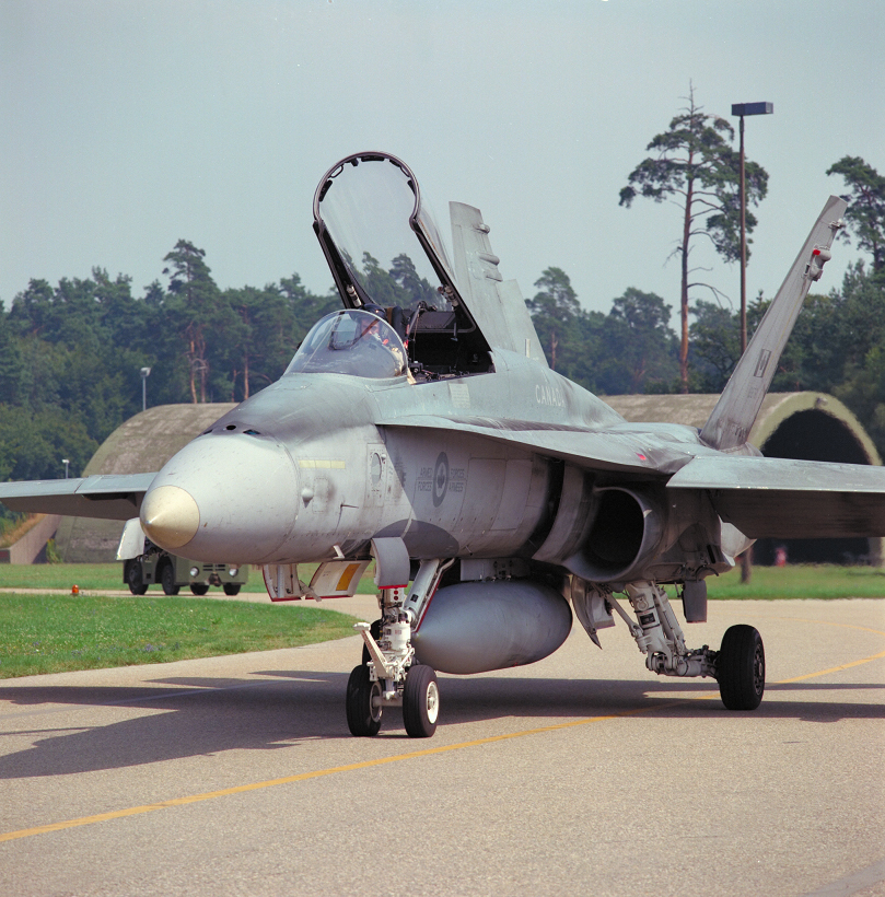 A CF-18 fighter from 409 Tactical Fighter Squadron taxis for take-off.